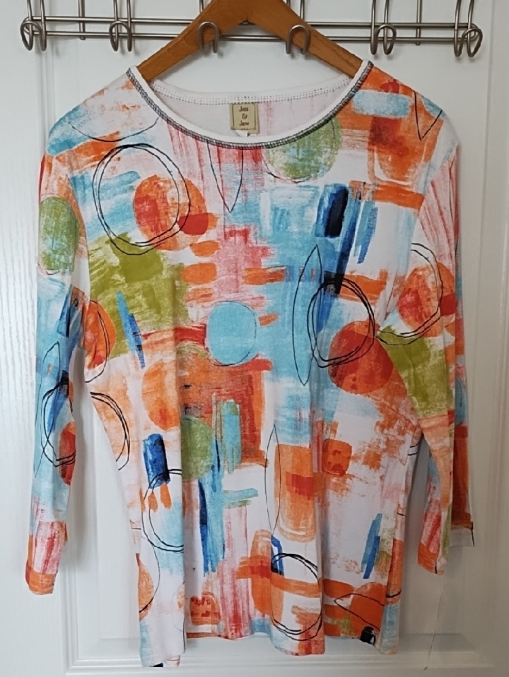 Jess & Jane Three Quarter Sleeve Shirt Women Size M Teal Blue Orange White Navy